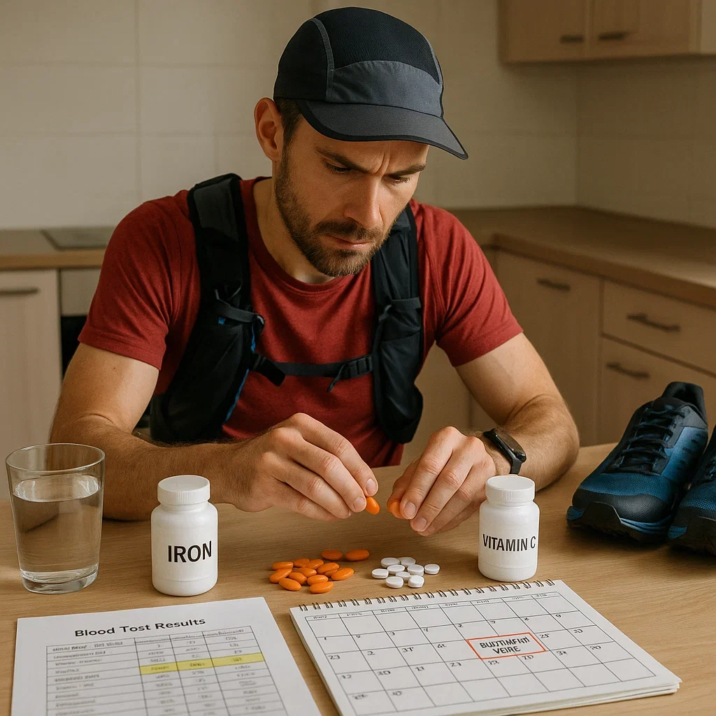Endurance athlete organizing iron supplements and ferritin results while planning for a high-altitude ultramarathon.