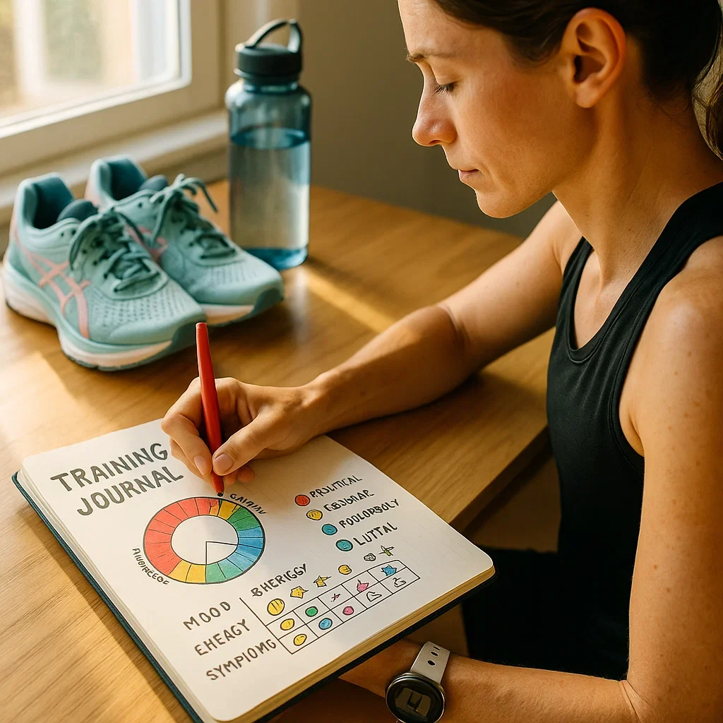 Runner journaling her training and menstrual cycle phases, with icons for mood, energy, and symptoms.