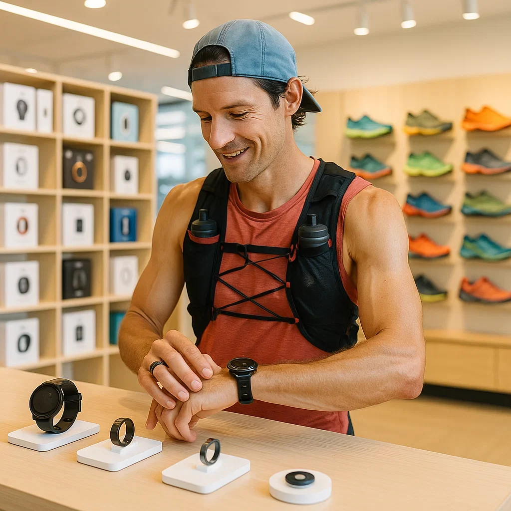 How to Choose the Best Wearable Tech for Ultra Runners (2025 Guide) 3 Ultra runner shopping and testing different GPS watches and wearable tech at a sports store.