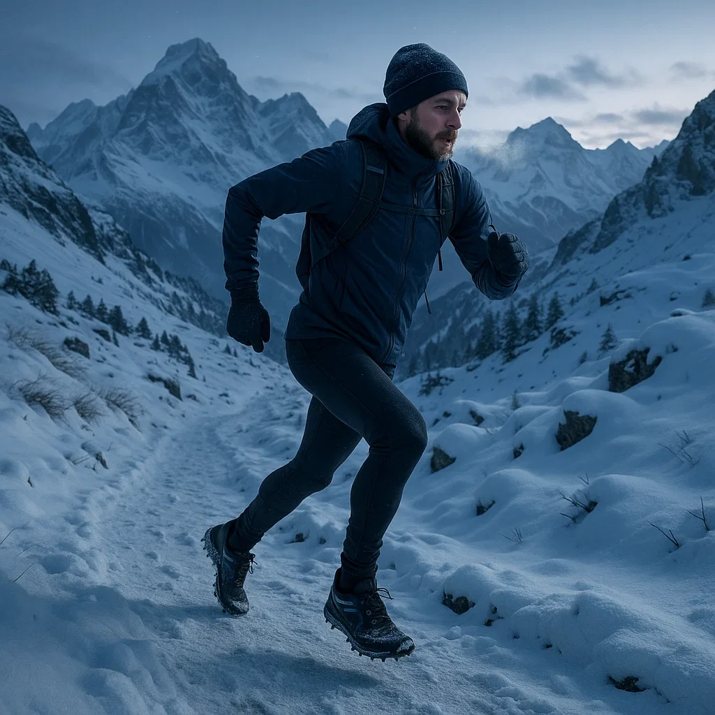 Ultramarathon runner on a snowy trail with winter gear and shoe spikes