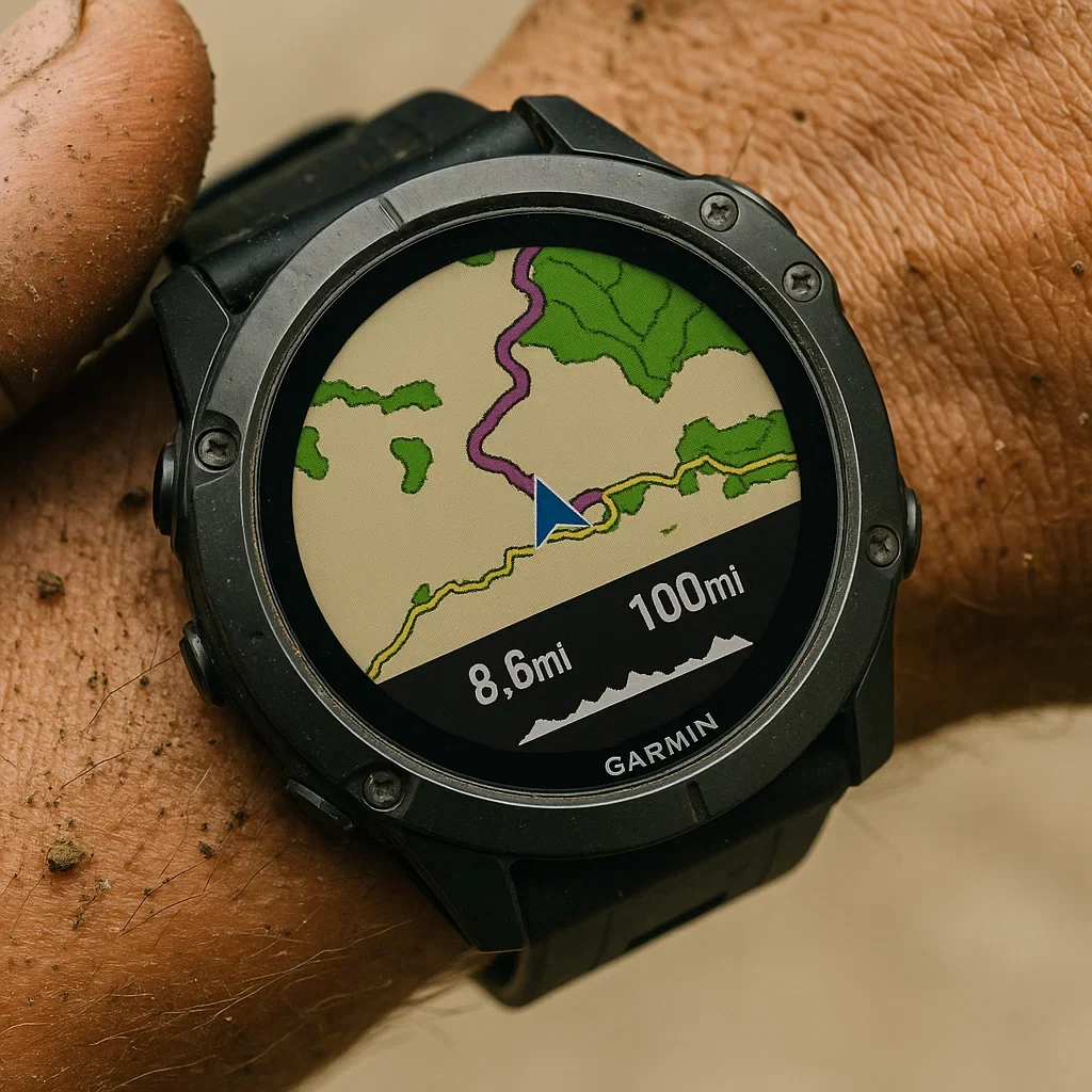 Coros vs Garmin for 100 Mile Ultras: Best GPS Watch for Ultra Running 2025 3 GPS watch showing color trail map and navigation, runner’s muddy hand in foreground.