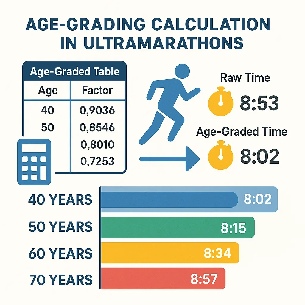 Infographic explaining age-grading in ultramarathons with sample times and tables.