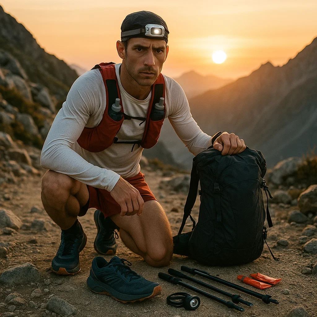Trail runner with complete ultramarathon gear on a rocky trail.
