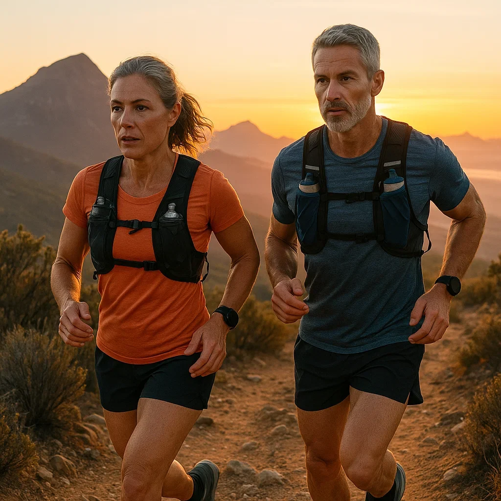 Male and female masters runners training for ultramarathon on a mountain trail at sunrise.