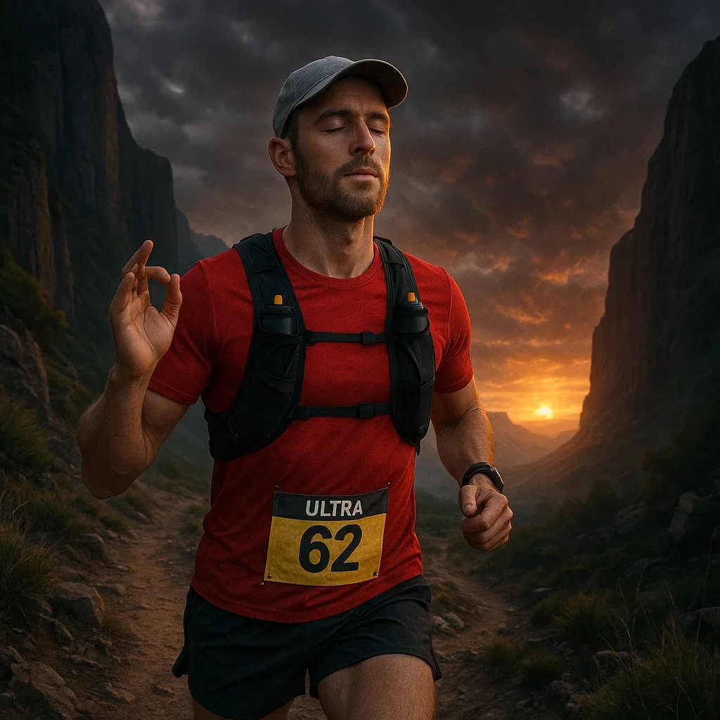 Ultramarathon runner using mindfulness techniques while racing on a rugged trail.