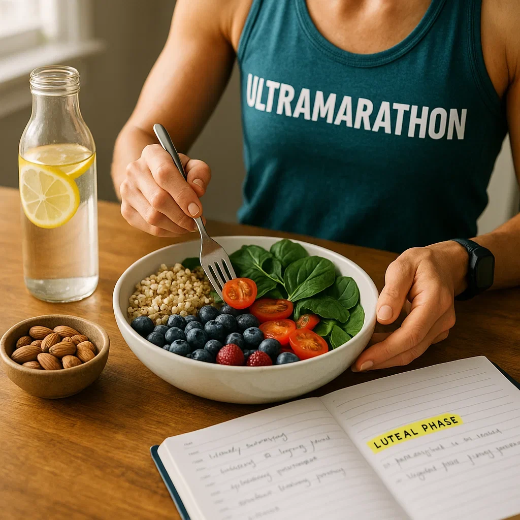 Runner prepping a plant-based meal and water, highlighting nutrition and hydration strategies for women during the menstrual cycle.