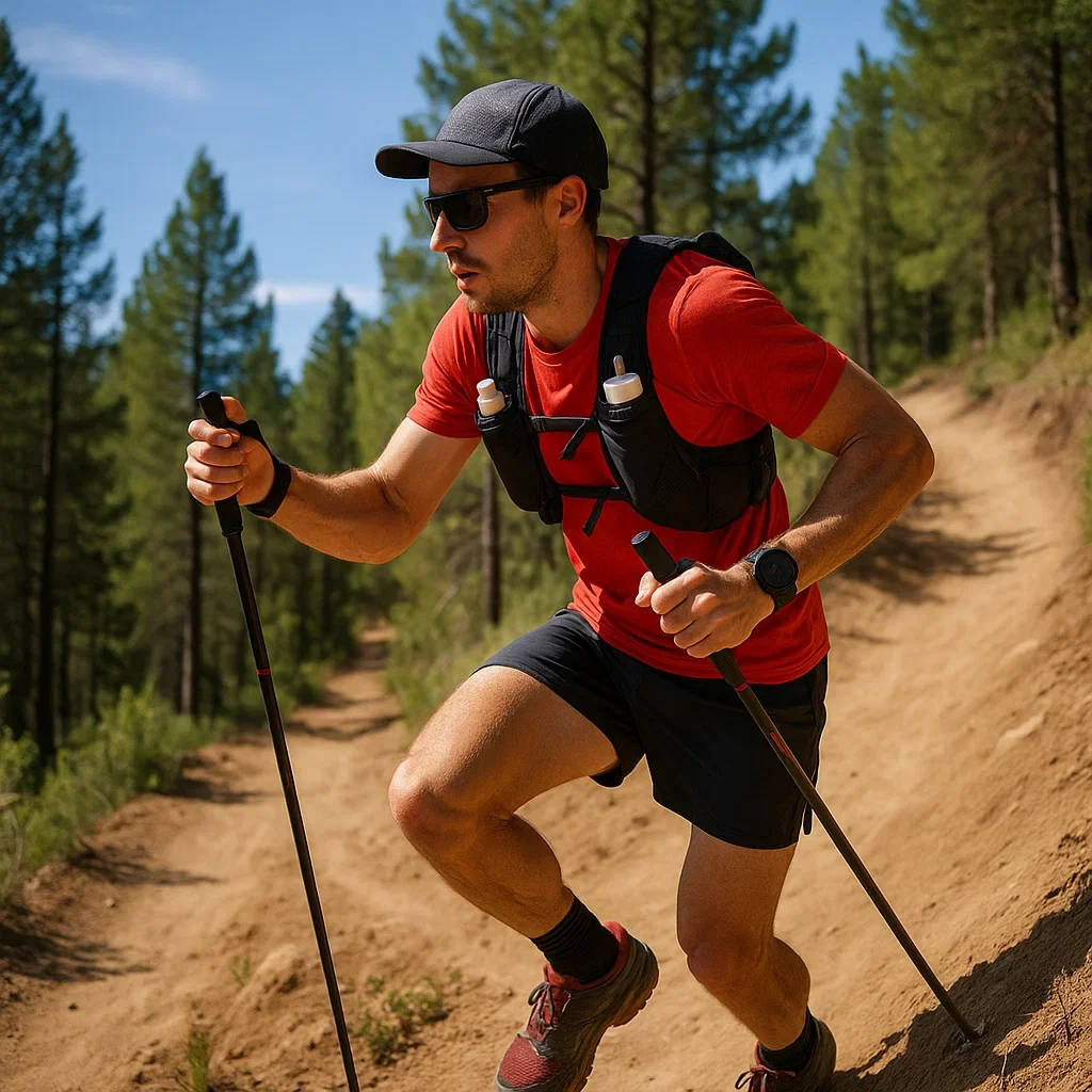Ultrarunner using poles and race-day extras on steep trail.