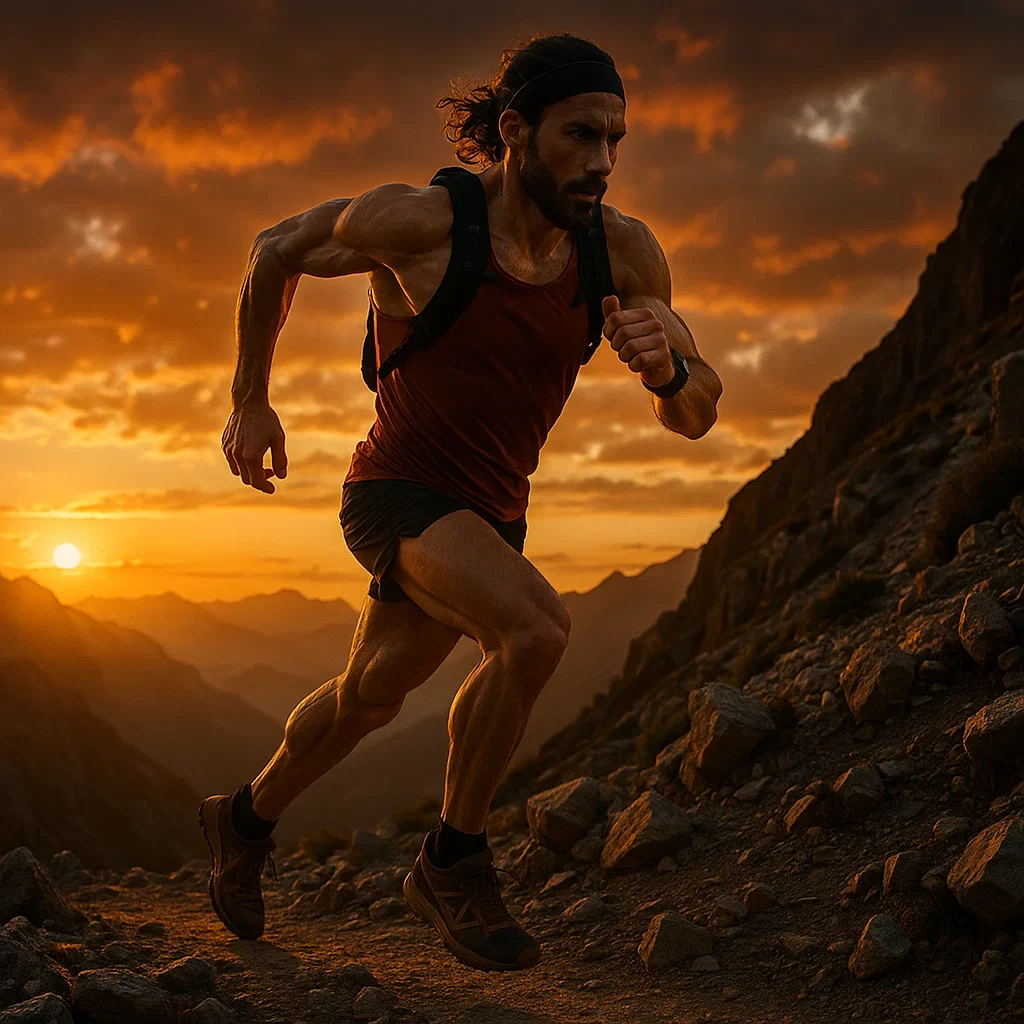 Advanced Ultramarathon Training: Master Speed, Endurance, and Recovery 6 Ultramarathoner maintaining a steady tempo run pace on a mountain trail at sunset.