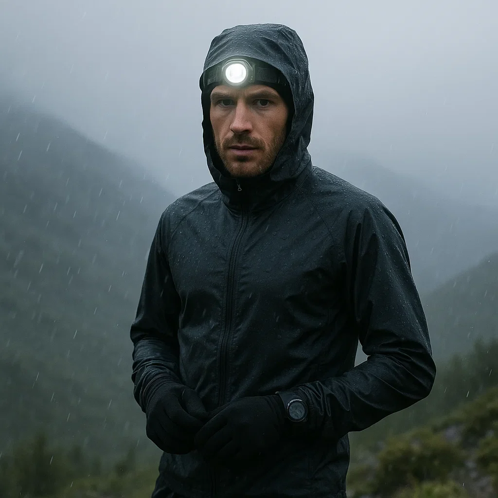 Runner in rain jacket and gloves during misty ultramarathon.