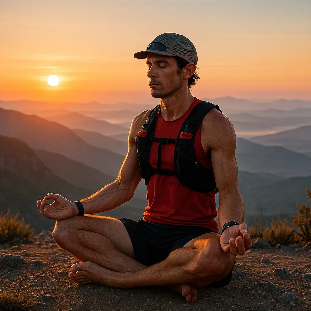 Advanced Ultramarathon Training: Master Speed, Endurance, and Recovery 3 "Ultramarathon runner practicing yoga recovery on a mountain peak at sunrise."