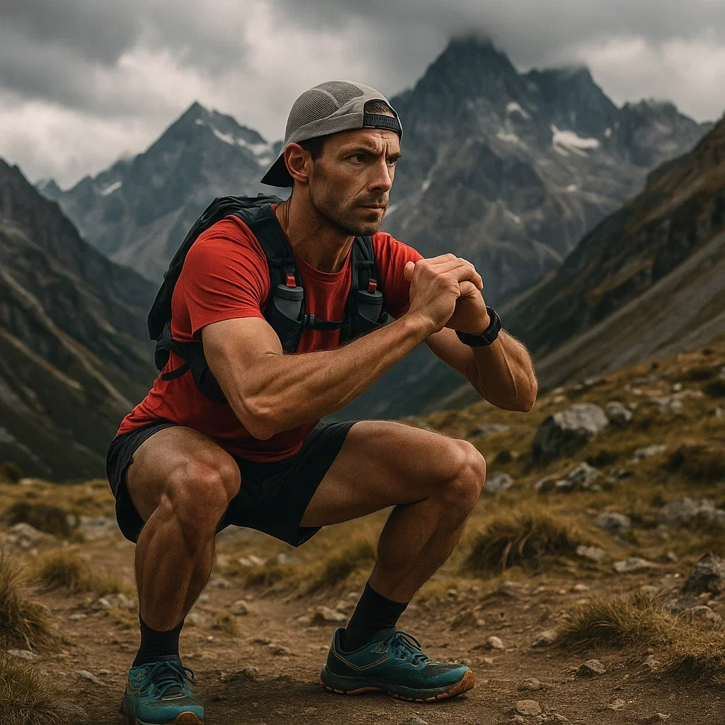 Ultramarathon runner performing squats in the mountains to enhance strength and endurance.
