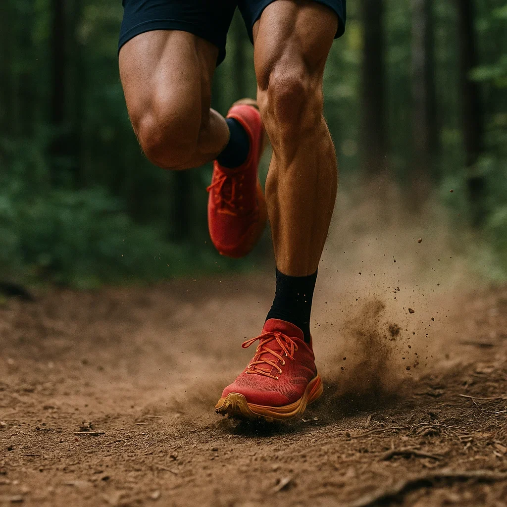 Advanced Ultramarathon Training: Master Speed, Endurance, and Recovery 4 "Close-up of ultrarunner's feet performing a stride workout on a forest trail."