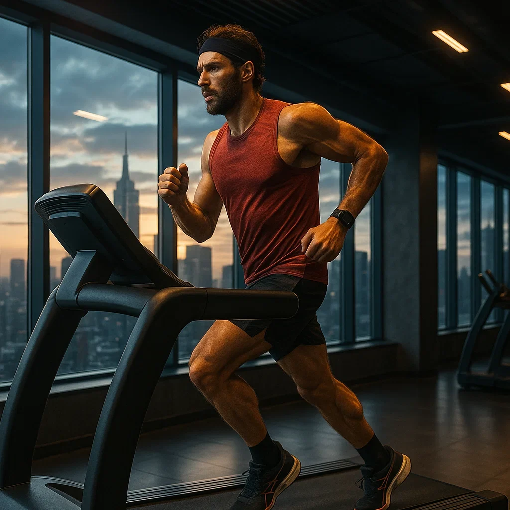 Urban ultramarathon runner on treadmill with city skyline in background.