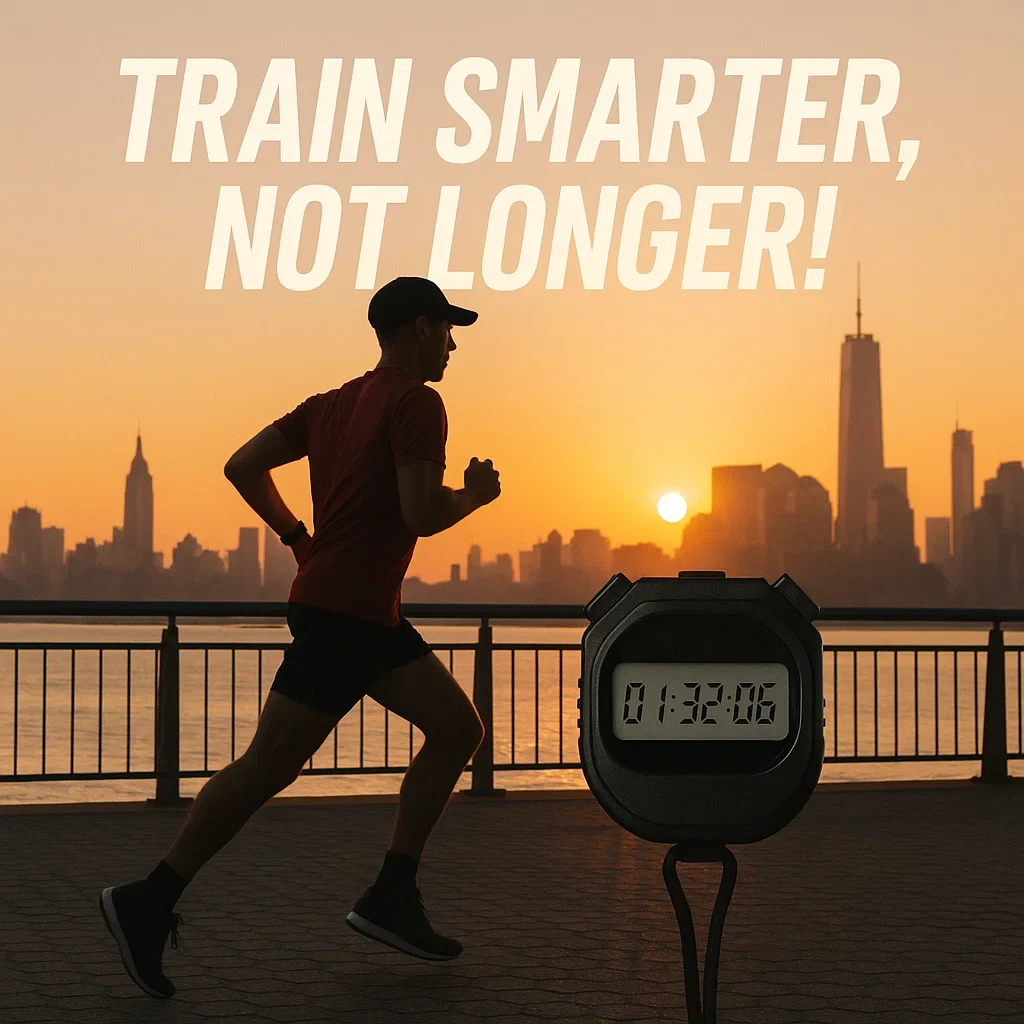 ⏱️ Time-Efficient Ultramarathon Training for Urban Athletes (10-Hour Ultra Plan) 5 Motivational image of urban ultra runner at sunrise with city skyline and stopwatch.
