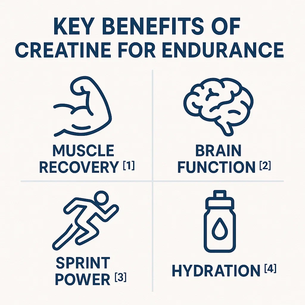 Vegan Creatine Monohydrate Supplementation for Ultramarathoners: Benefits, Dosage, and Top Brands 3 Creatine benefits infographic: recovery, brain, power, hydration for vegan ultramarathoners.