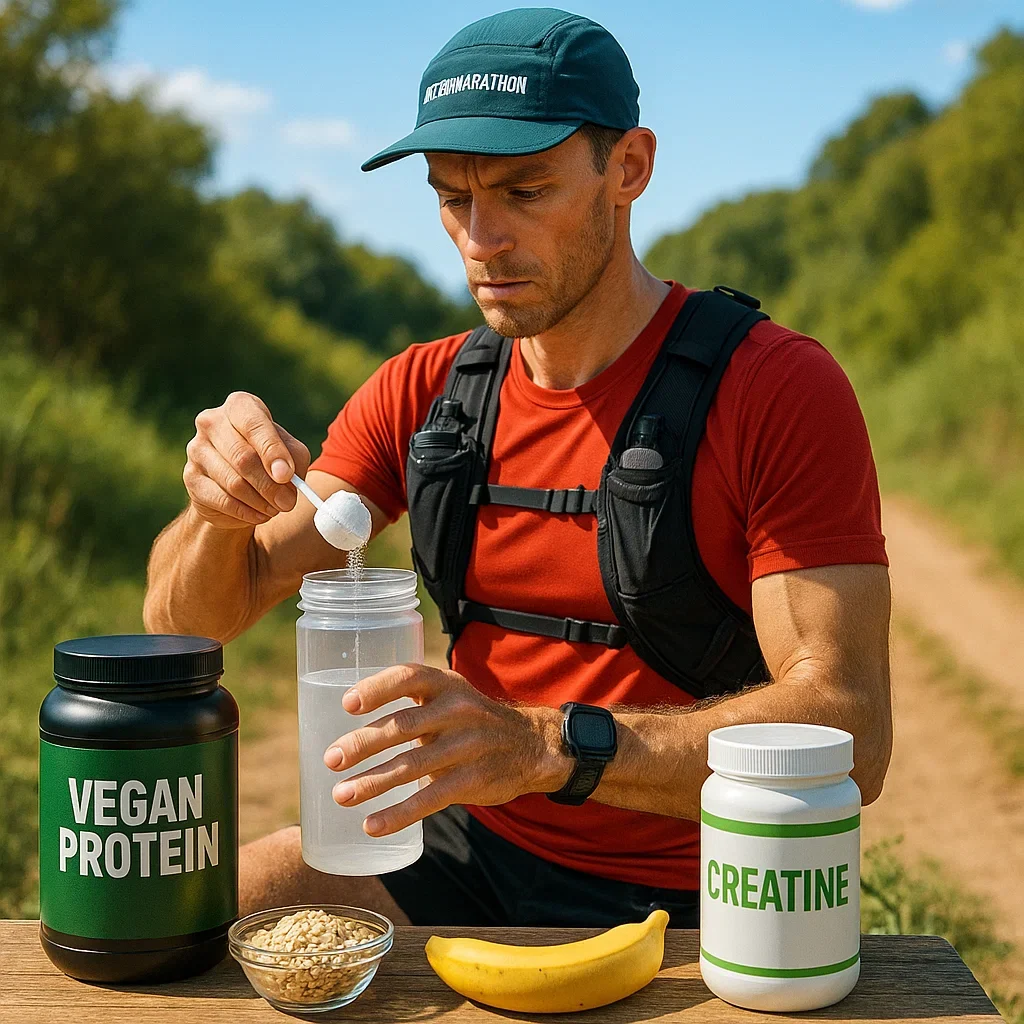 Vegan endurance runner mixing creatine drink beside vegan foods and supplement containers.