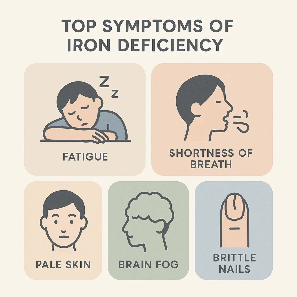 Vegan Iron Protocols for Ultra-Endurance Athletes: Boost Your Stamina Safely 3 Graphic of iron deficiency symptoms: fatigue, pale skin, shortness of breath, brain fog, brittle nails.