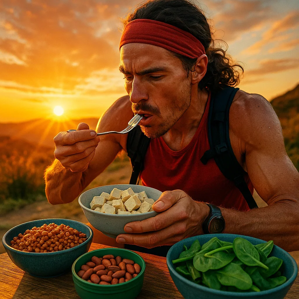 Vegan ultra-endurance athlete enjoying iron-rich foods post-run, with lentils, tofu, and spinach on the table.
