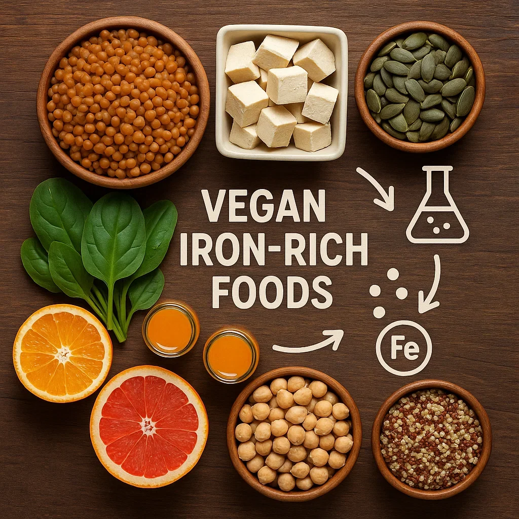 Ultimate Guide to Plant-Based Nutrition for Ultramarathon Runners (2025) 3 Vegan iron-rich foods like lentils, tofu, seeds, spinach, and citrus displayed for ultramarathon nutrition.