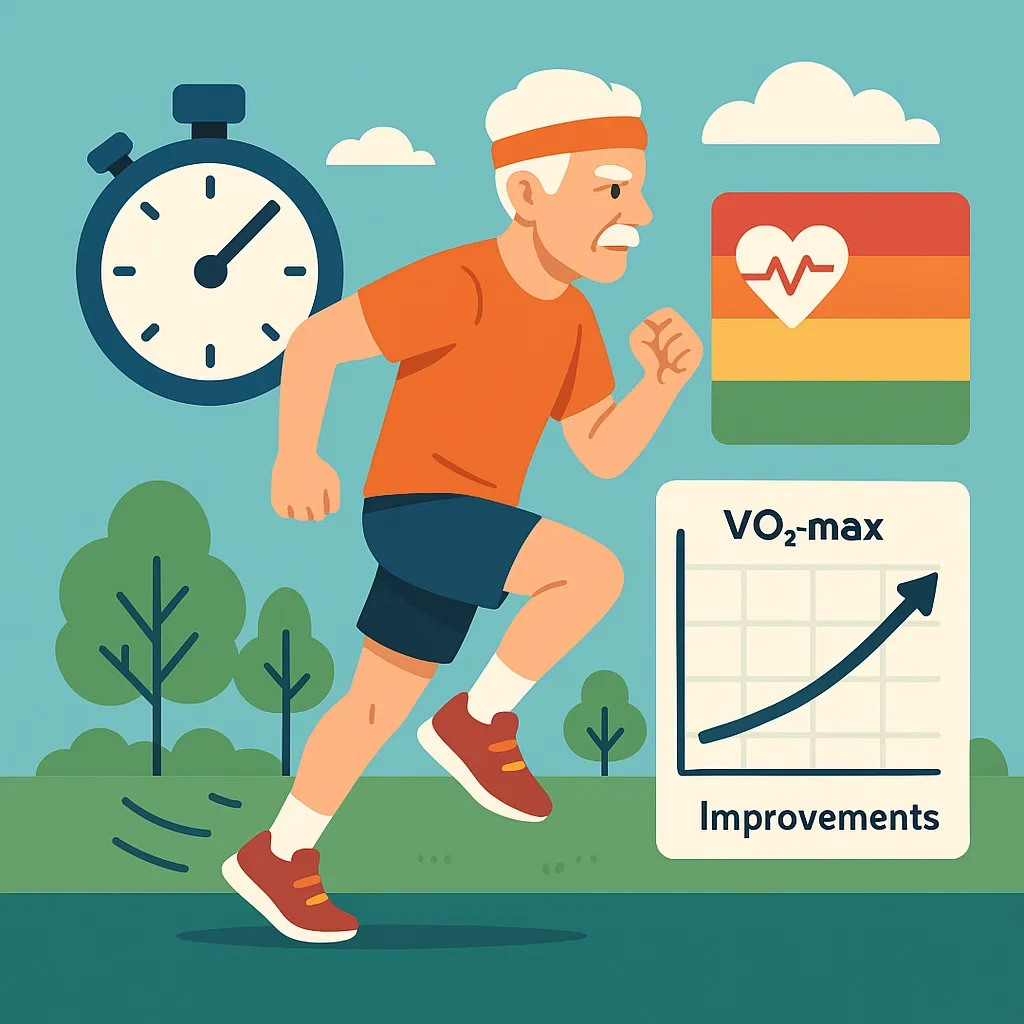 Ultramarathon Training & Recovery for Masters Runners: Complete Guide (40+) 11 Illustration of a masters athlete doing HIIT training to improve VO2-max.
