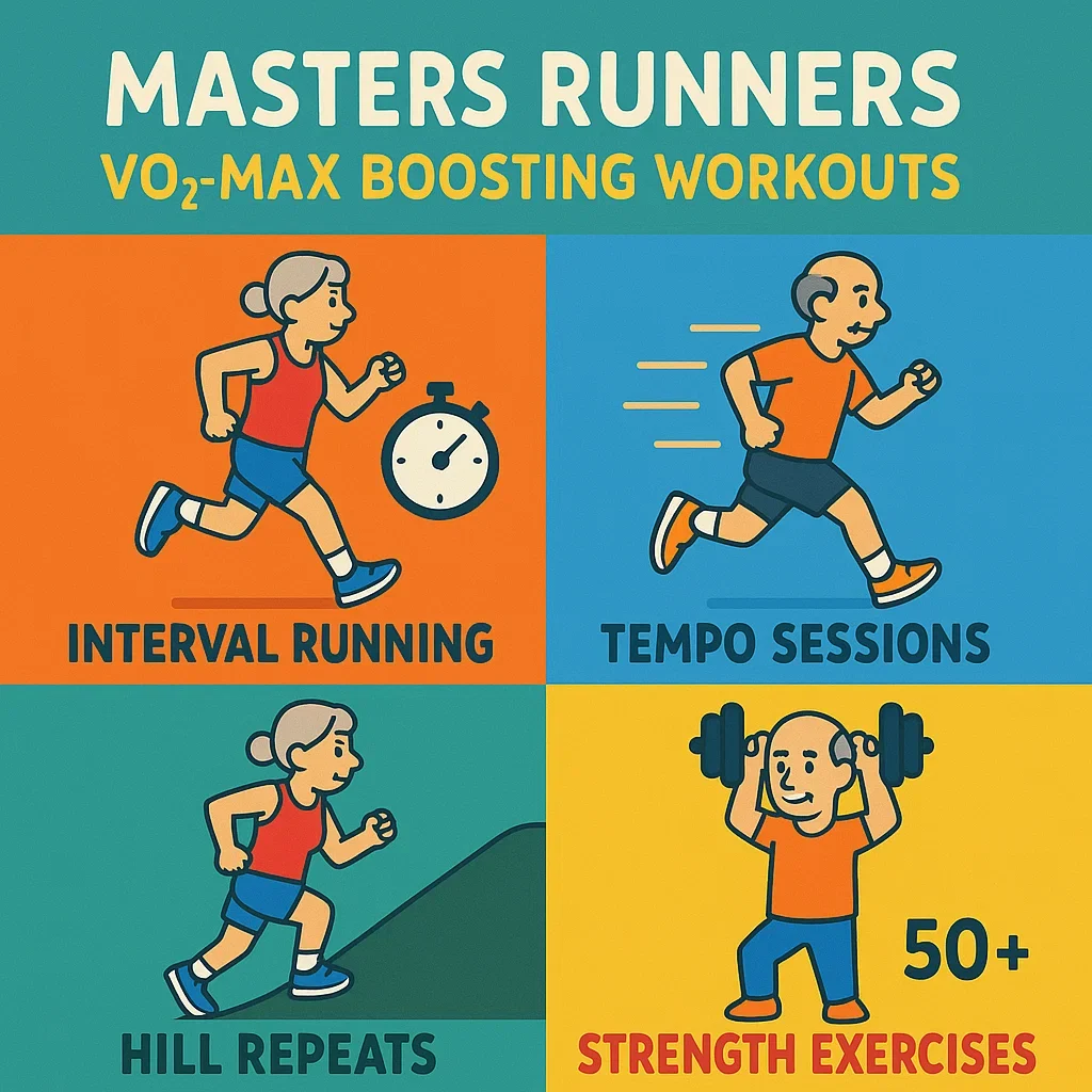 Colorful infographic of VO2-max workouts for runners over 50.