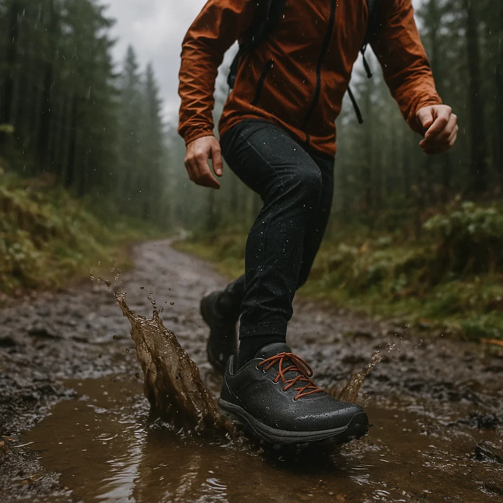 Hiker splashing through muddy terrain with waterproof trail shoes in a rainy forest.