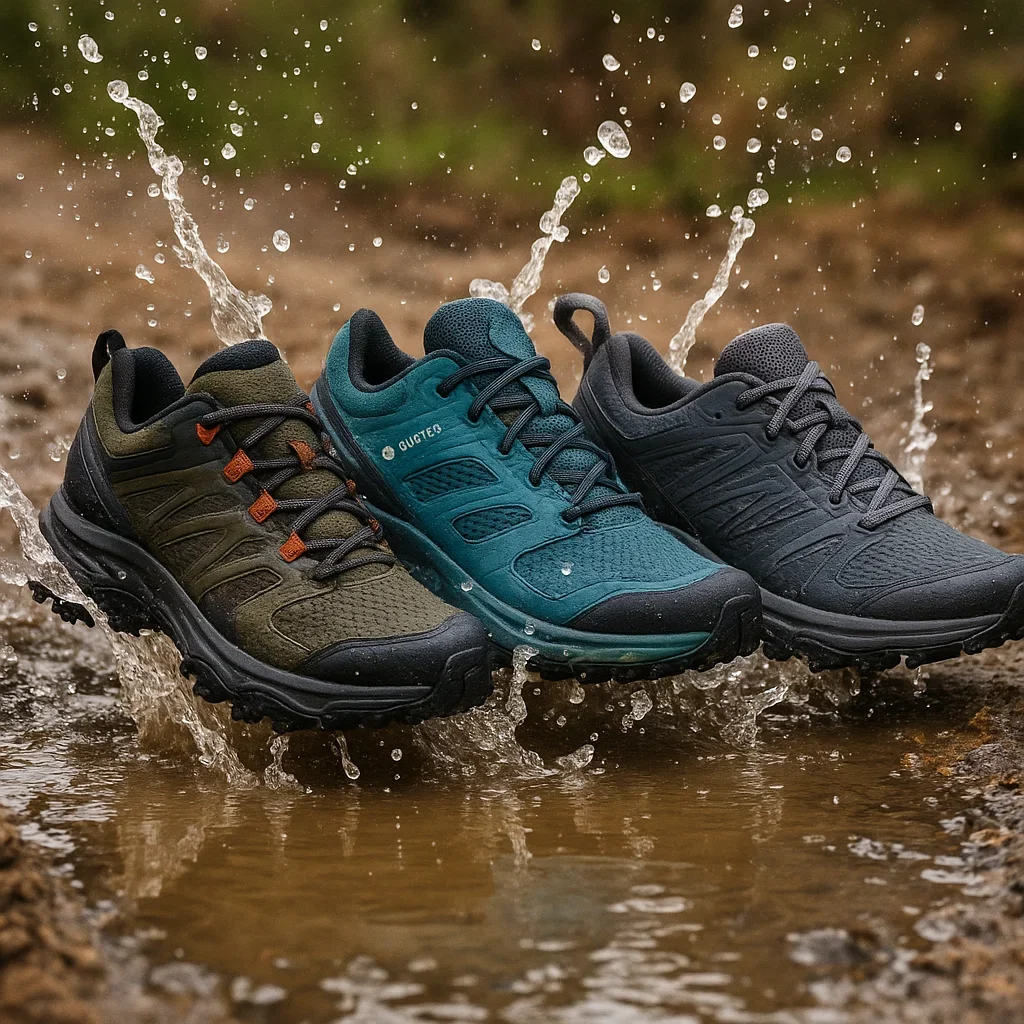 Three pairs of trail shoes splashing through a puddle, showing water droplets and different waterproof designs.