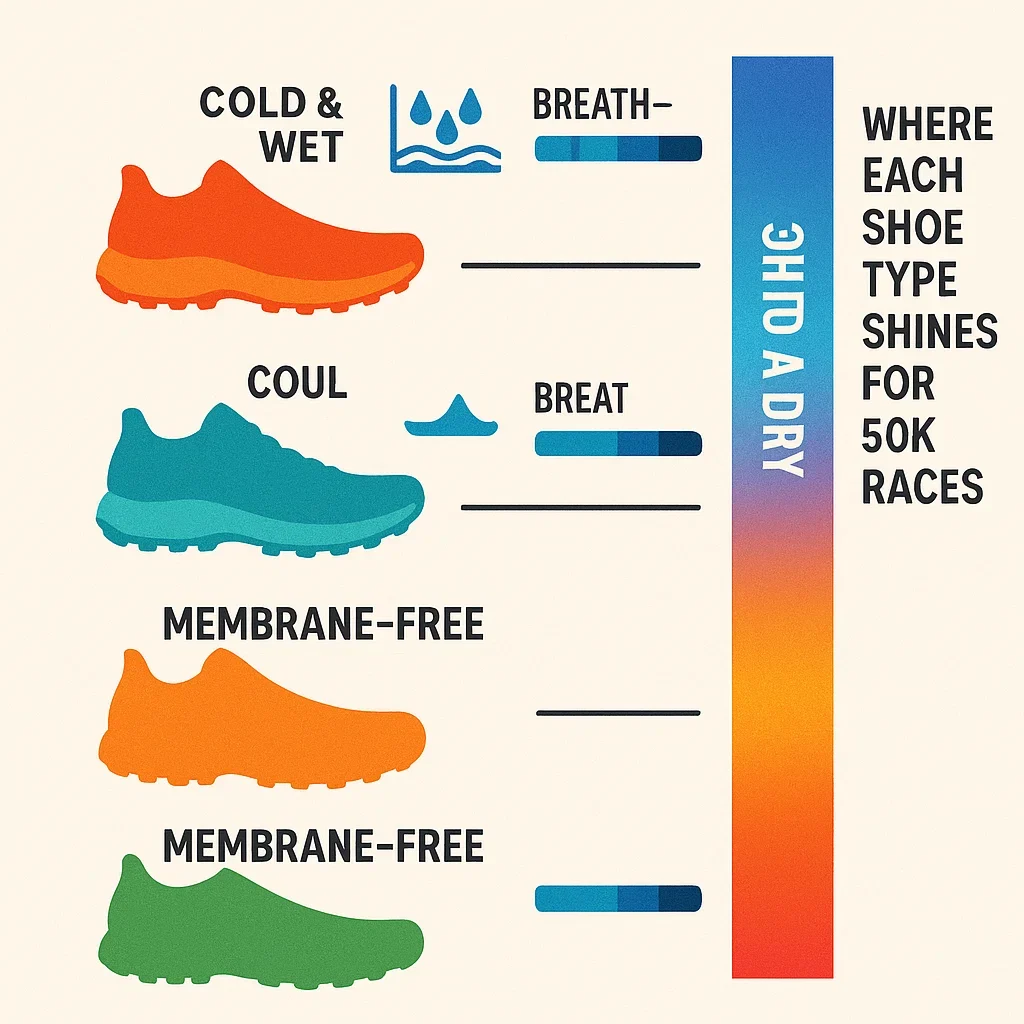 Waterproof Trail Running Shoes for 50K Ultra Marathons – When Do You Really Need Them? 🌧️👟 3 Infographic comparing waterproof and non-waterproof trail shoes for 50K, with icons for water resistance and breathability.
