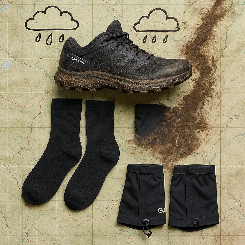 💧 Waterproof Trail Shoes for 100K Ultra – Do You Really Need Them? 3 Flatlay of waterproof trail shoes and gear for a rainy 100K ultra marathon, featuring socks, gaiters, and a muddy map.
