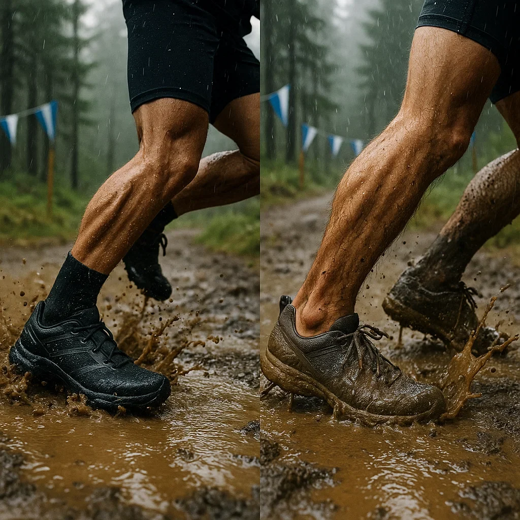 Split view showing a runner in waterproof trail shoes staying dry in wet, muddy conditions, versus a soaked regular shoe, during a rainy 50K ultra.