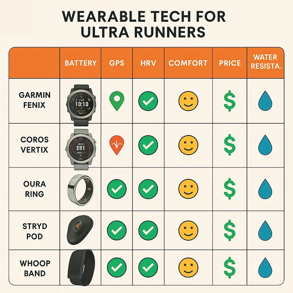 Comparison infographic of GPS watches, smart rings, and running pods for ultra runners.
