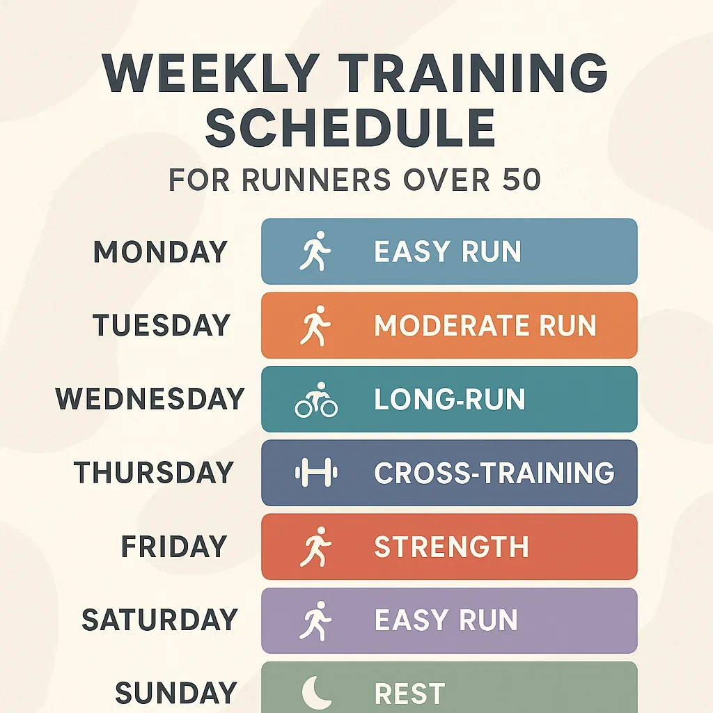 Ultra Marathon Training Plan for Over 50: Weekly Schedules & Master Tips 3 Infographic of a weekly ultra marathon training plan for runners over 50, with color-coded workout types.